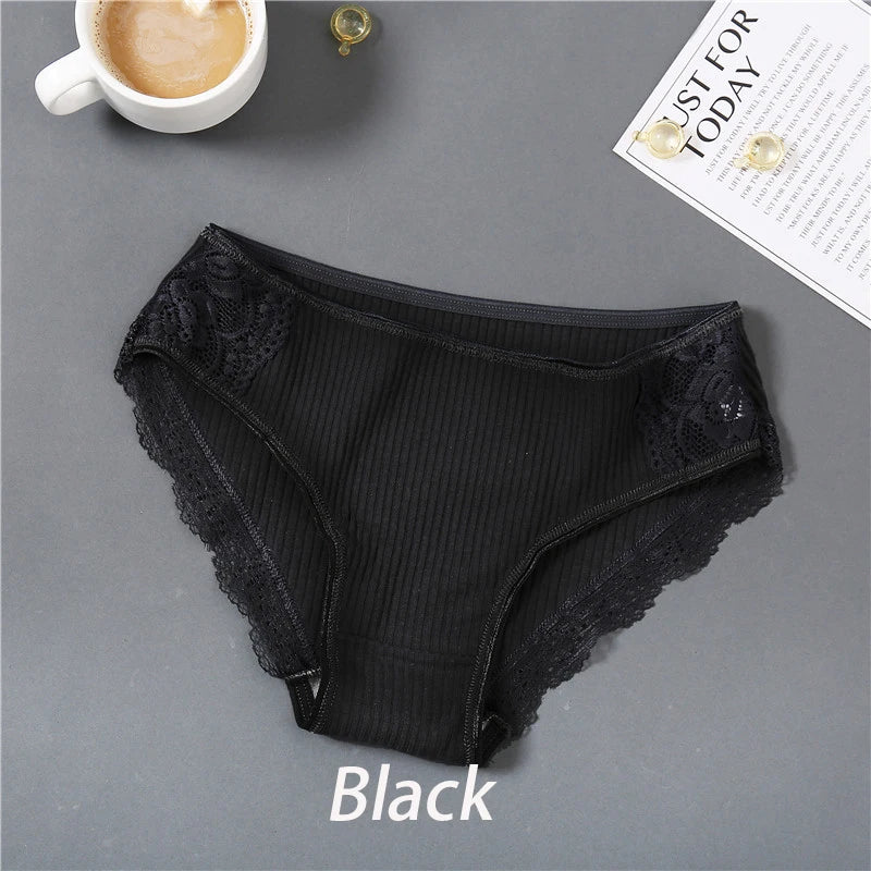 Panties de Algodón con Encaje Floral FINETOO - Lencería Sexy Mujer M-XXL