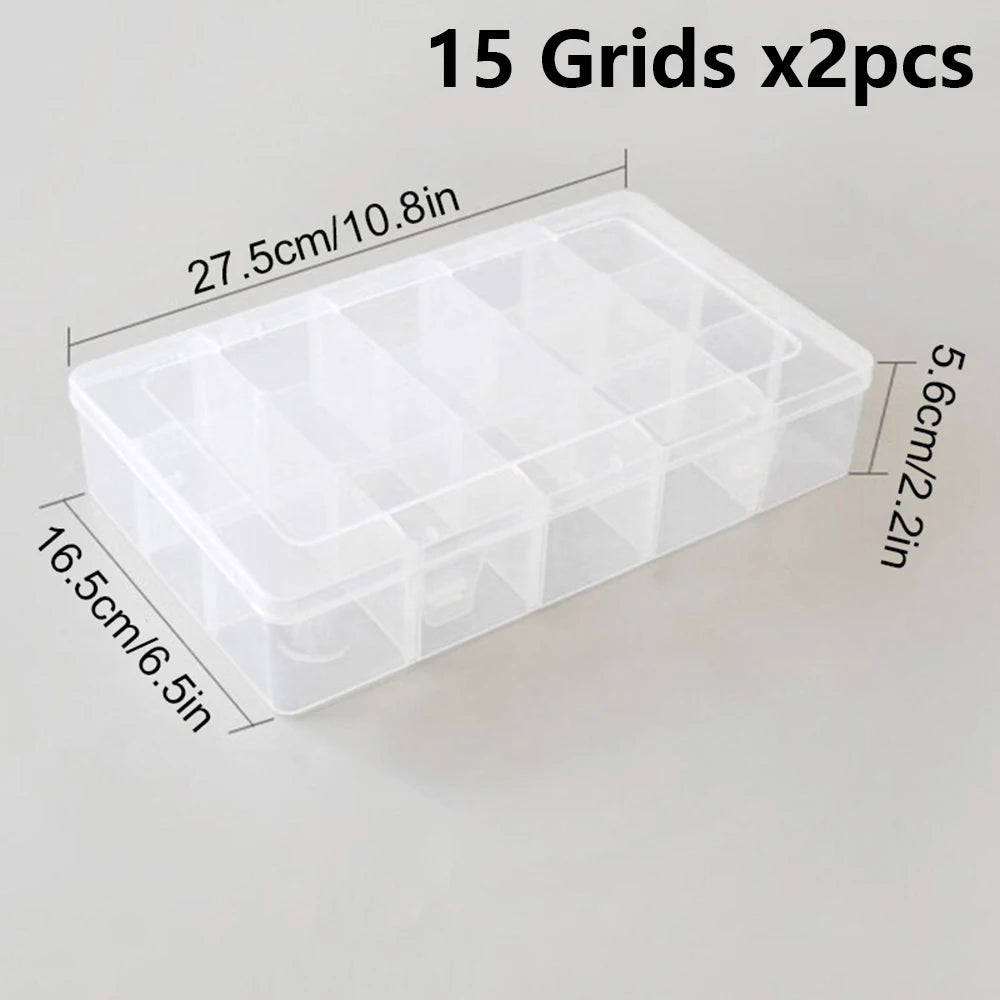 15-Grid Plastic Organizer Box with Dividers — Clear Storage for Jewelry, Crafts, Beads & More