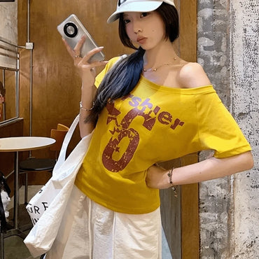Women's Y2K Off-Shoulder Crop Top — Skew Collar Letter Print Casual Tee | S–XL