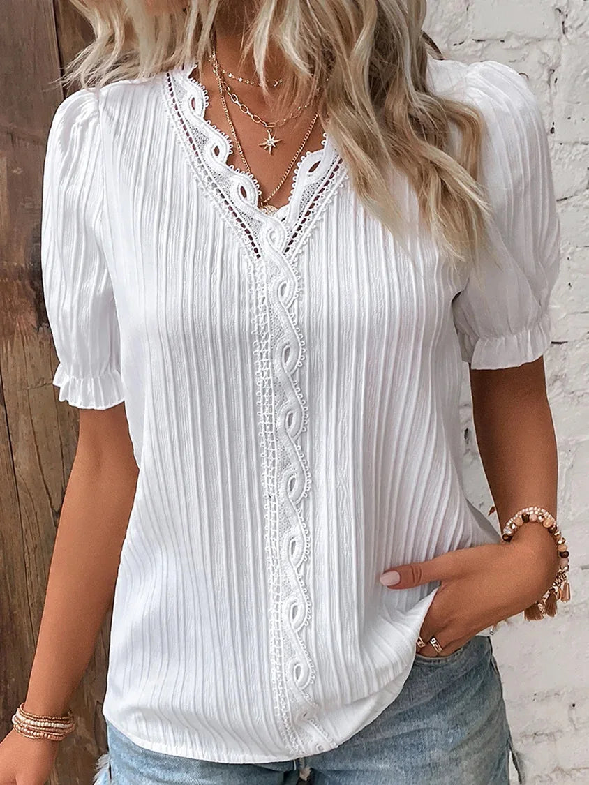 V-Neck Hollow Short Sleeve Blouse – Solid Chiffon Loose Fit Women's Top