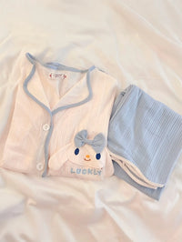 Kawaii Bunny Pajama Set - 3D Plush Applique Satin Sleepwear