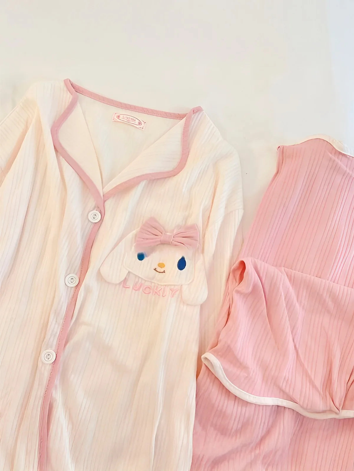 Kawaii Bunny Pajama Set - 3D Plush Applique Satin Sleepwear