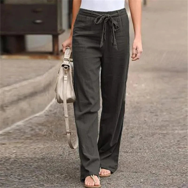 Women's Cotton Linen Wide Leg Pants | Elastic Waist Loose Straight Trousers | S–4XL