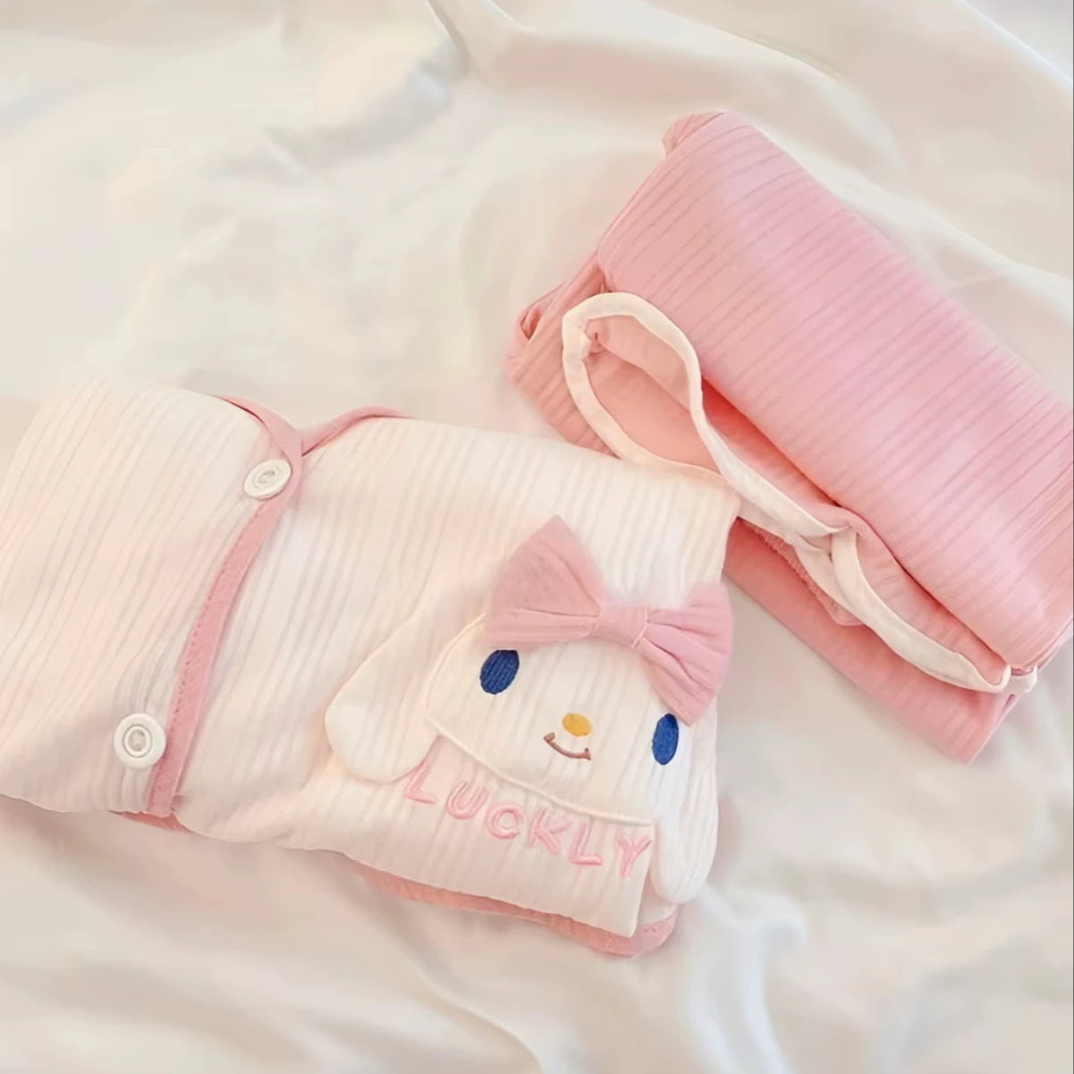 Kawaii Bunny Pajama Set - 3D Plush Applique Satin Sleepwear