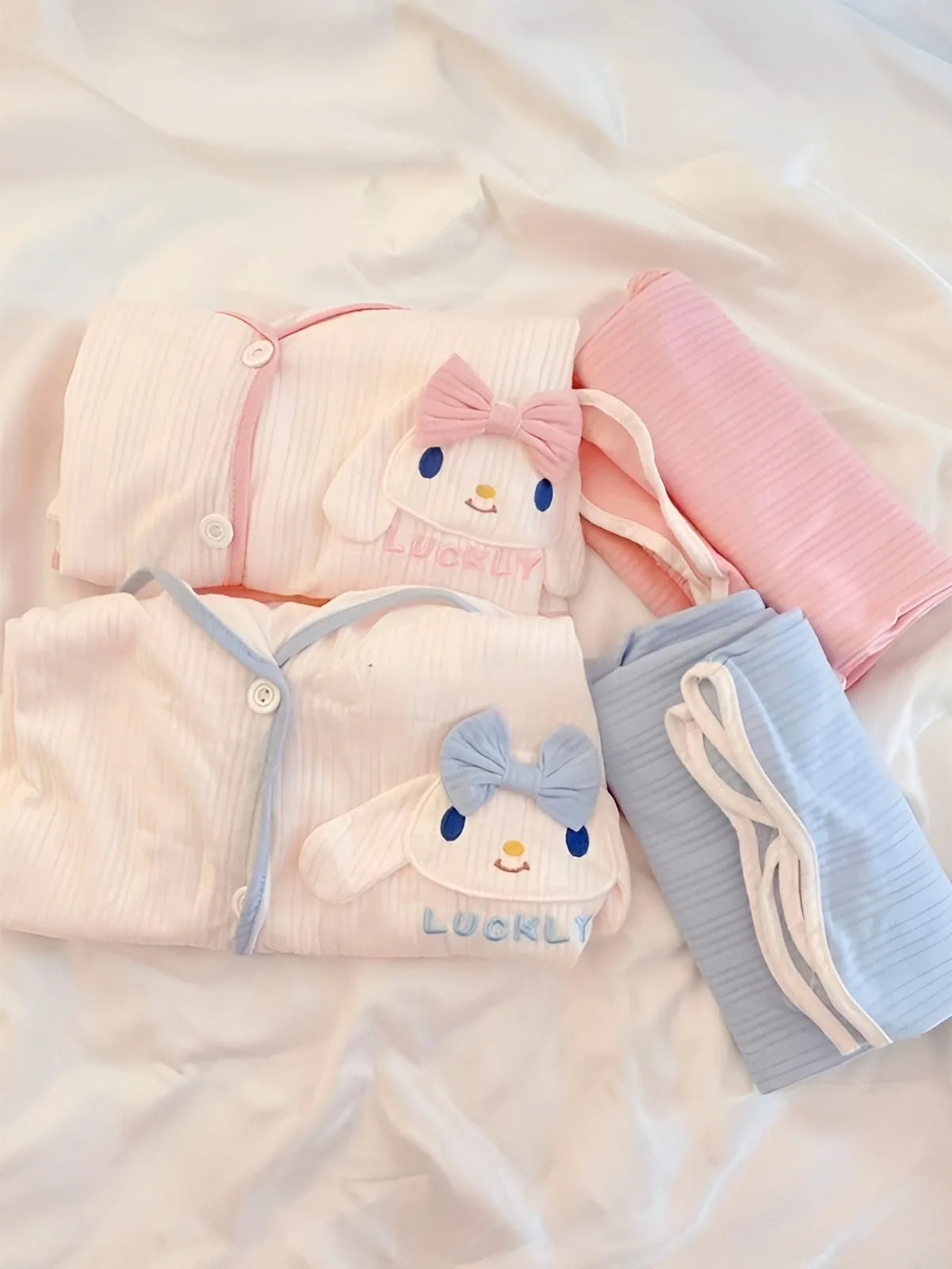 Kawaii Bunny Pajama Set - 3D Plush Applique Satin Sleepwear