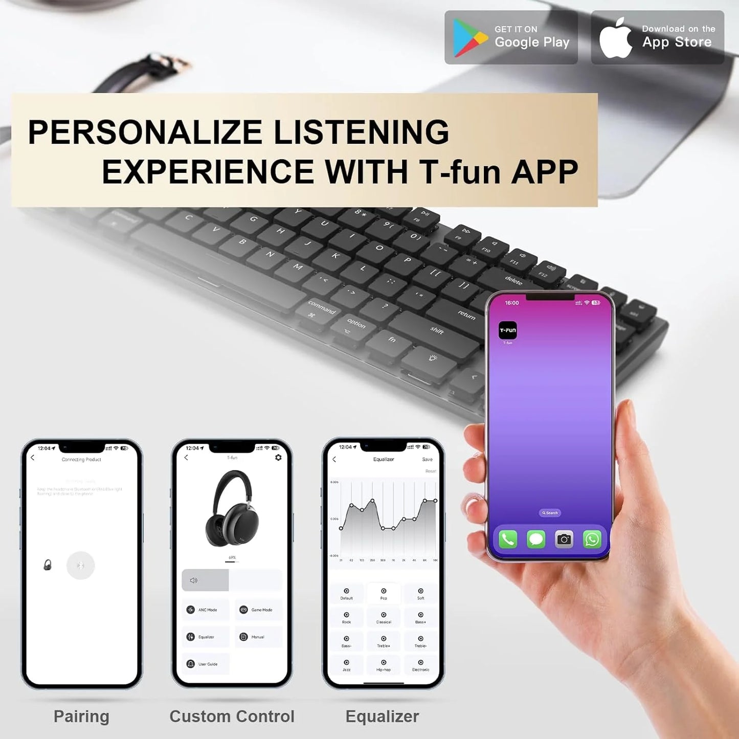 APP T-fun NC45 Bluetooth Active Noise Cancelling Headphones, Comfortable Wireless Over Ear Headphones with Mic, Hi-Res Audio,