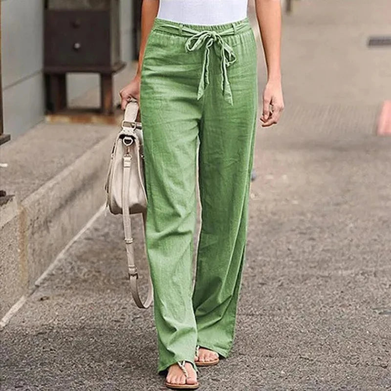 Women's Cotton Linen Wide Leg Pants | Elastic Waist Loose Straight Trousers | S–4XL