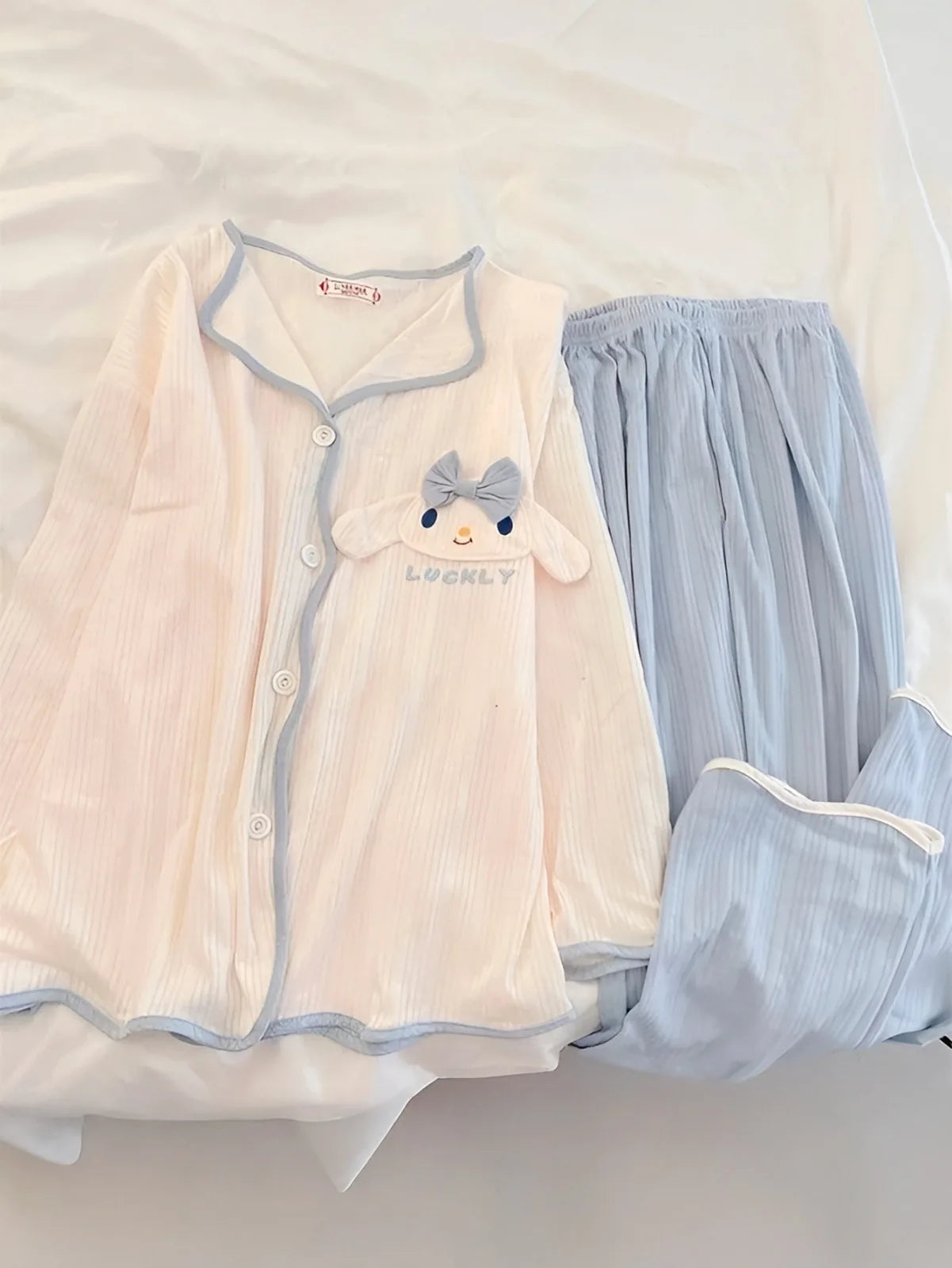 Kawaii Bunny Pajama Set - 3D Plush Applique Satin Sleepwear