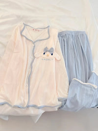 Kawaii Bunny Pajama Set - 3D Plush Applique Satin Sleepwear