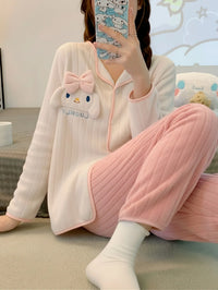 Kawaii Bunny Pajama Set - 3D Plush Applique Satin Sleepwear
