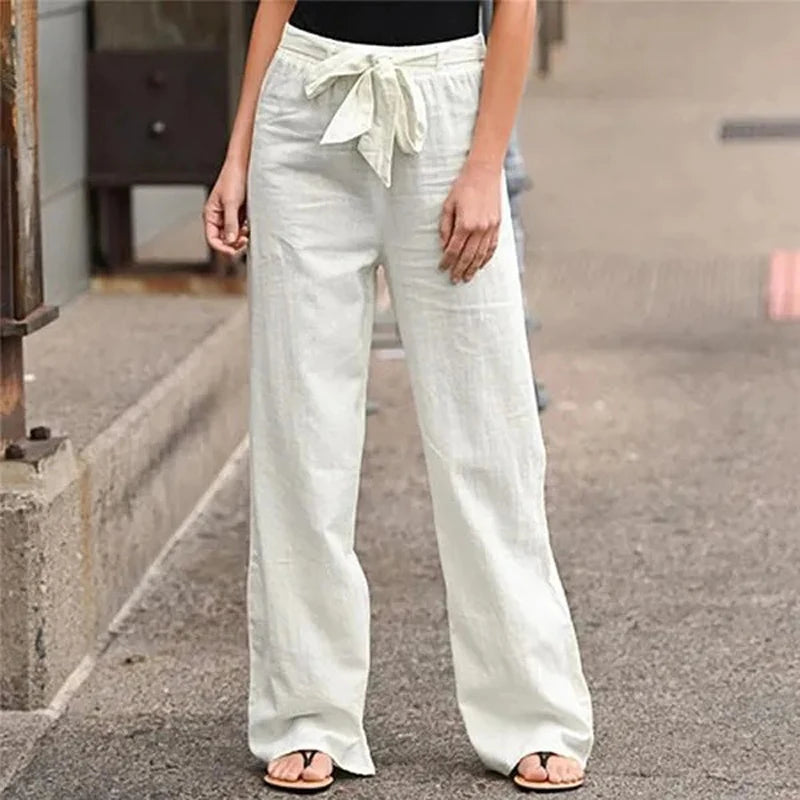 Women's Cotton Linen Wide Leg Pants | Elastic Waist Loose Straight Trousers | S–4XL