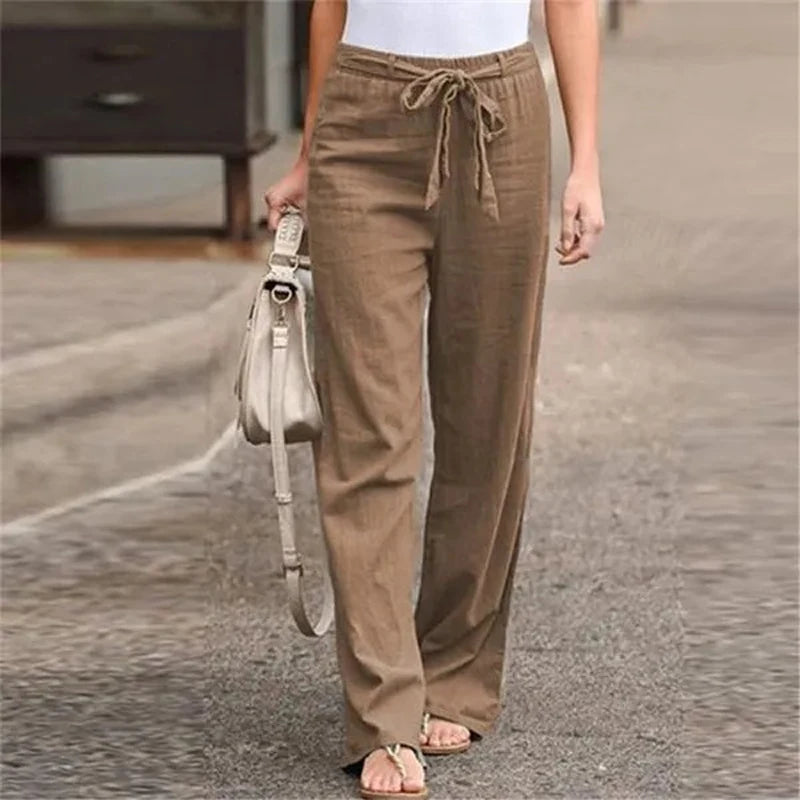 Women's Cotton Linen Wide Leg Pants | Elastic Waist Loose Straight Trousers | S–4XL