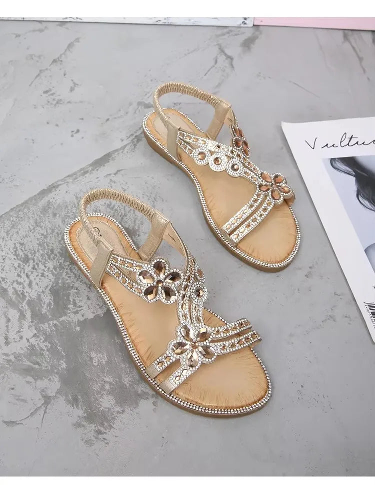Women's Flower Diamond Flat Sandals - Cushioned Beach Slip-On Sandals