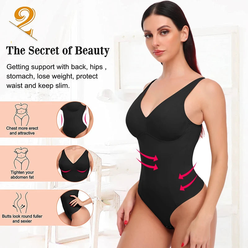 Women's Shapewear Bodysuit - V Neck Waist Trainer with Thong Design