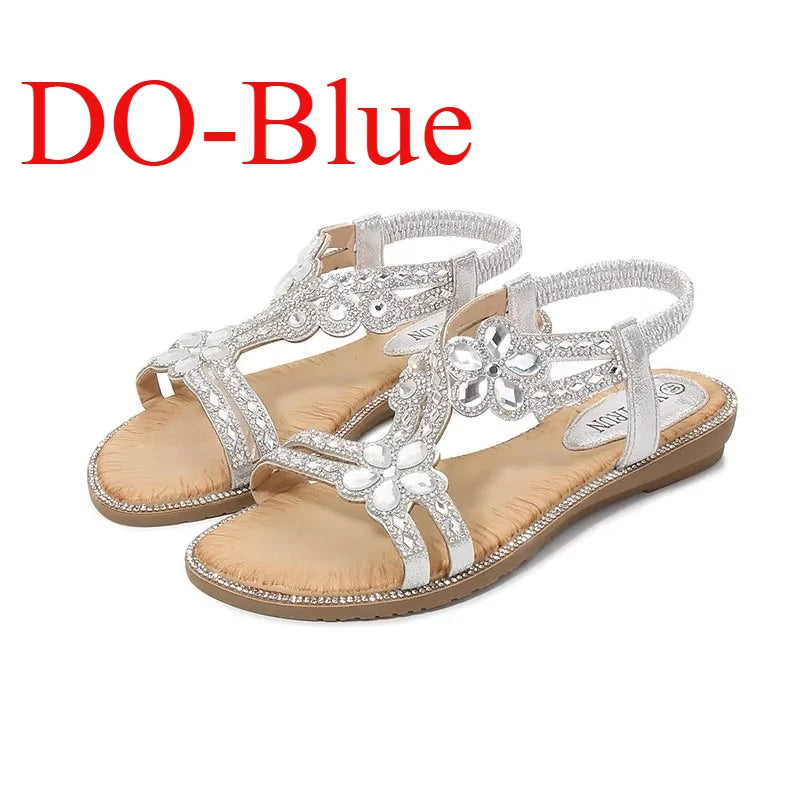 Women's Flower Diamond Flat Sandals - Cushioned Beach Slip-On Sandals