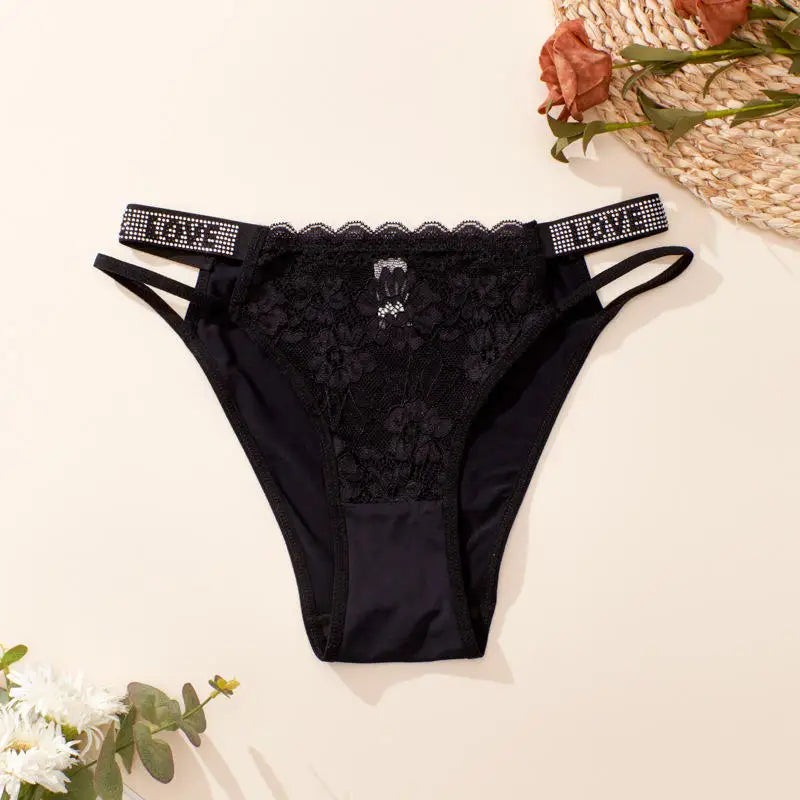 Sexy Lace G-String – Rhinestone Letter Strap & Hollow-Out Mesh Design