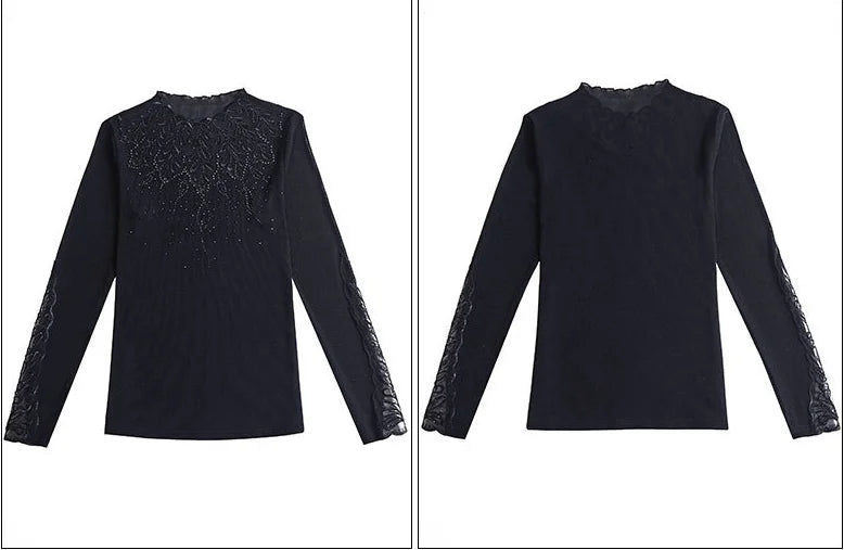 Women's Solid Color Lace Long Sleeve T-Shirt – Slim Fit O-Neck Top