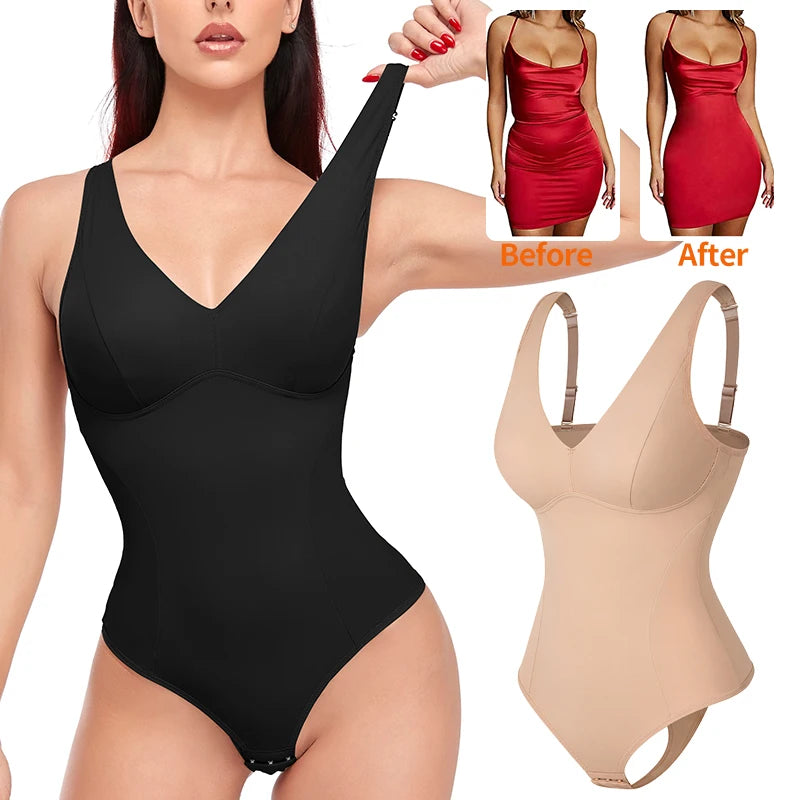 Women's Shapewear Bodysuit - V Neck Waist Trainer with Thong Design
