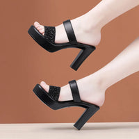 Xuanhui Fashion Silver Glitter Sparkly Two Strap Platform High Heel Ladies Sandals and slippers for Wedding Party Dress Shoes
