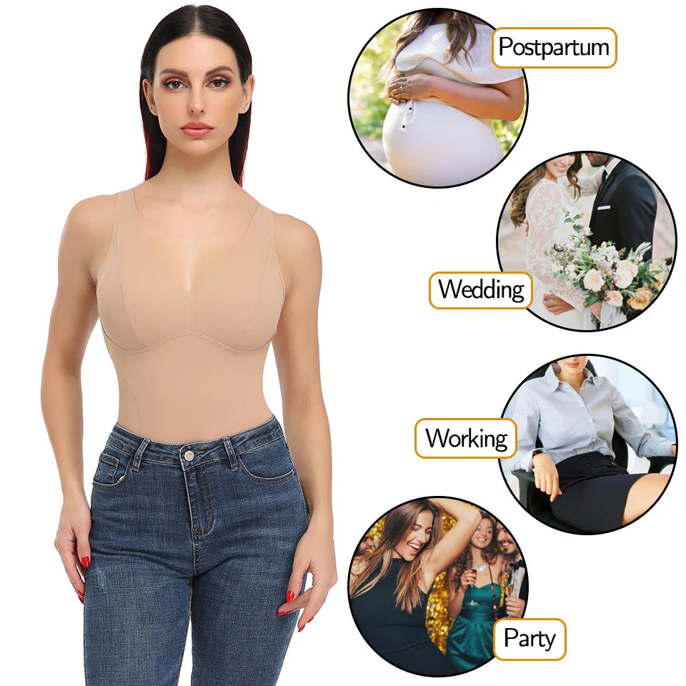 Shapewear Bodysuit for Women - Deep V Neck Waist Trainer with Built-in Bra