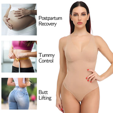 Shapewear Bodysuit for Women - Deep V Neck Waist Trainer with Built-in Bra