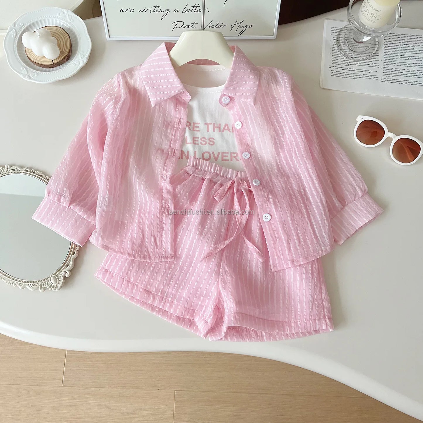 Senchi Girls Summer 3-Piece Set - Striped Sunscreen Shirt, Vest & Shorts