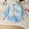 Senchi Girls Summer 3-Piece Set - Striped Sunscreen Shirt, Vest & Shorts