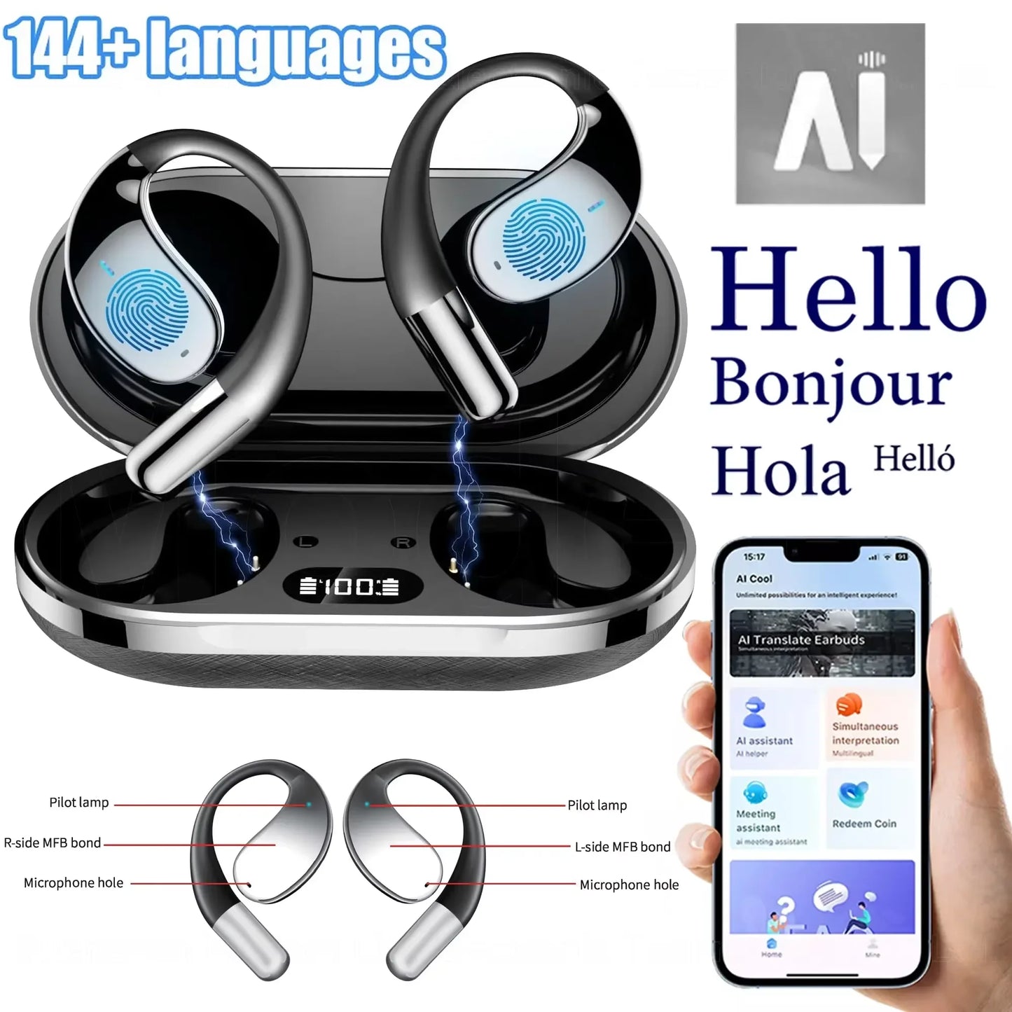 Q39 AI Language Translator Wireless Earbuds | 144 Languages | Bluetooth 5.4 ANC Sport