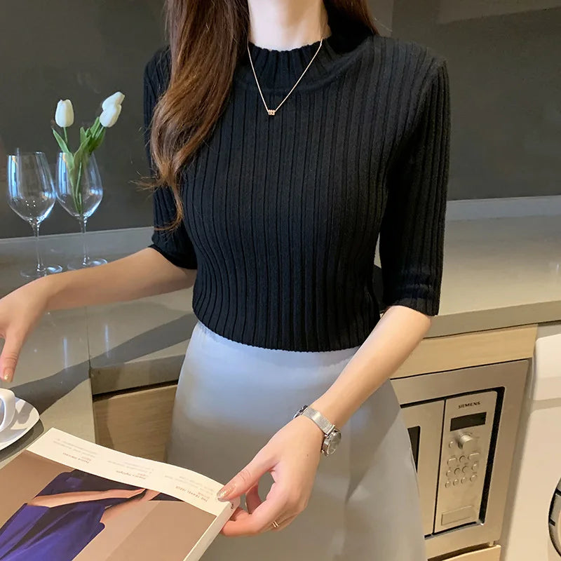 Striped Half Sleeve Turtleneck Sweater – Casual Streetwear Women's Pullover
