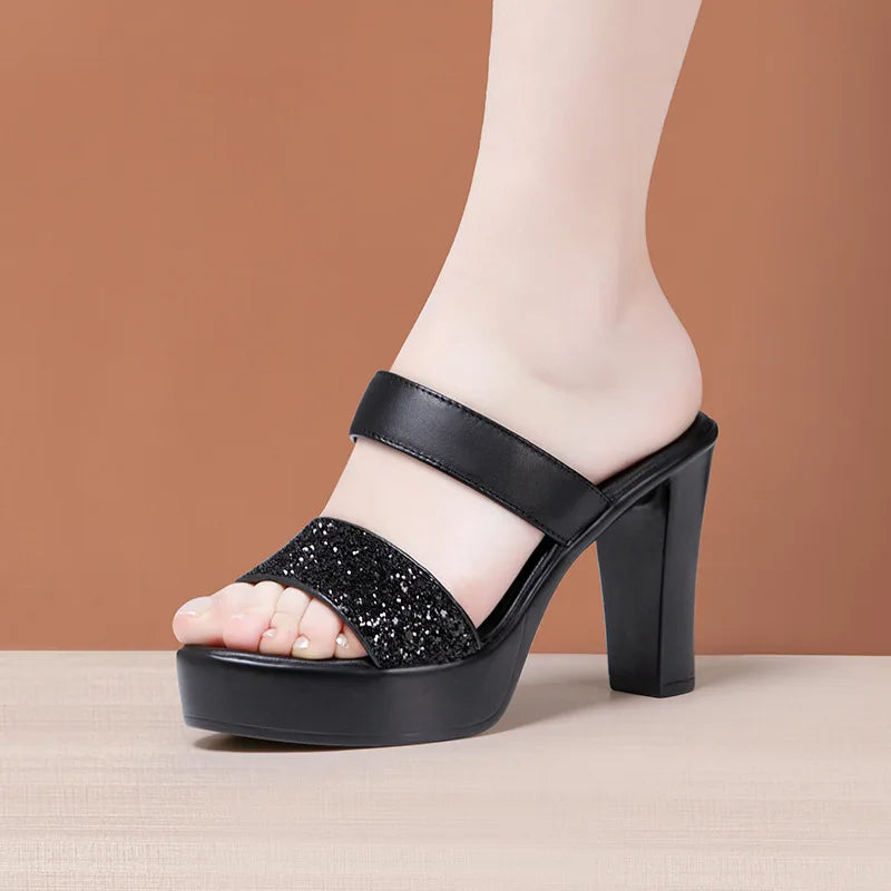 Xuanhui Fashion Silver Glitter Sparkly Two Strap Platform High Heel Ladies Sandals and slippers for Wedding Party Dress Shoes
