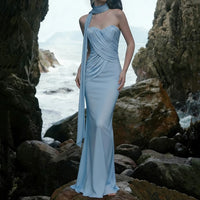 Blue Strapless Ruched Maxi Dress - Sweetheart Neckline Party Gown