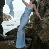 Blue Strapless Ruched Maxi Dress - Sweetheart Neckline Party Gown