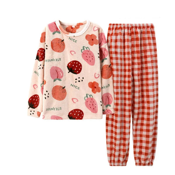 Women's Sleepwear Winter Christmas Warm Flannel Fleece Soft Pajamas With Long Sleeves Waistband Pant Girls' Sleepwear