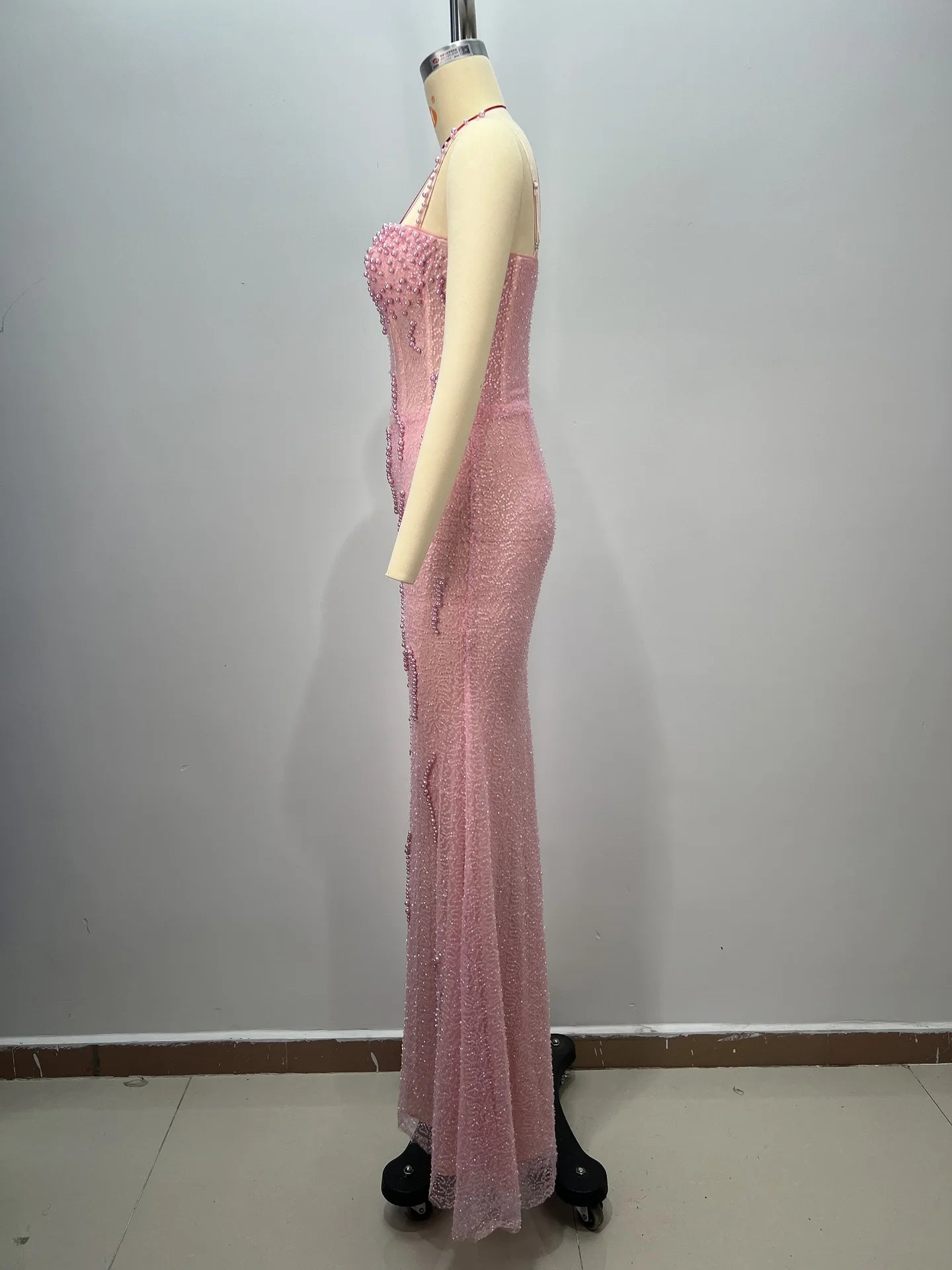 Beaded Sequin Mermaid Gown - Backless Evening Dress with Pearls
