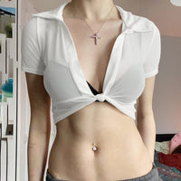 Sheer Mesh Twist Front Deep V Crop Top – Sexy Slim Fit Short Sleeve Club Top