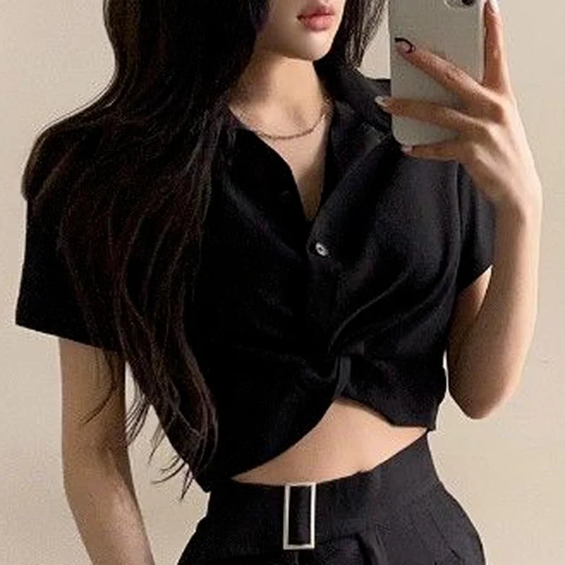 Turn-Down Collar Short Sleeve Slim Blouse – Korean Ulzzang Women's Casual Top