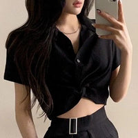 Turn-Down Collar Short Sleeve Slim Blouse – Korean Ulzzang Women's Casual Top