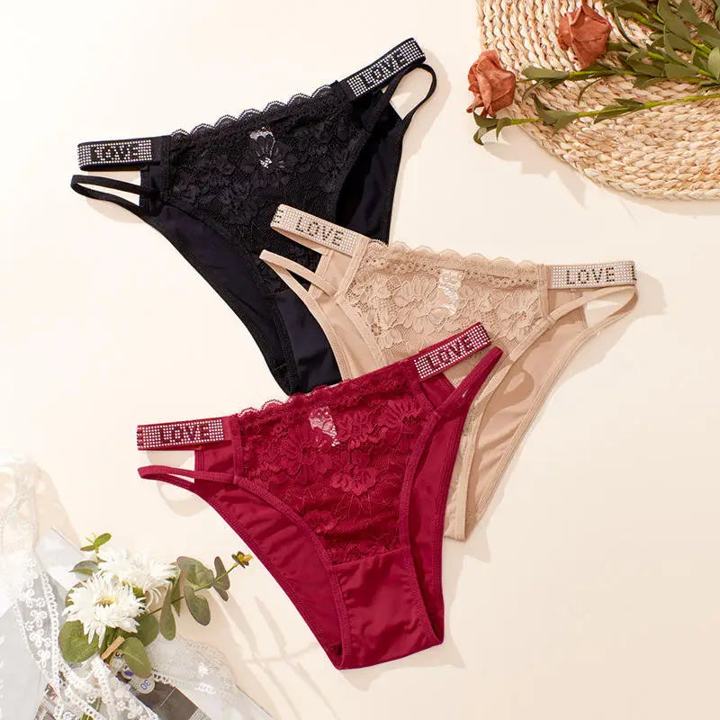 Sexy Lace G-String – Rhinestone Letter Strap & Hollow-Out Mesh Design