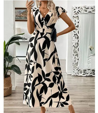 Deep V-Neck Printed Maxi Dress | Sexy Slim High Waist Short Sleeve Women's Summer Dress