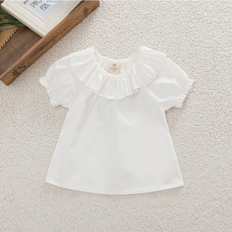 Baby & Toddler Girls Ruffle Collar Cotton Blouse | Short Sleeve, White, Ages 12M–4T
