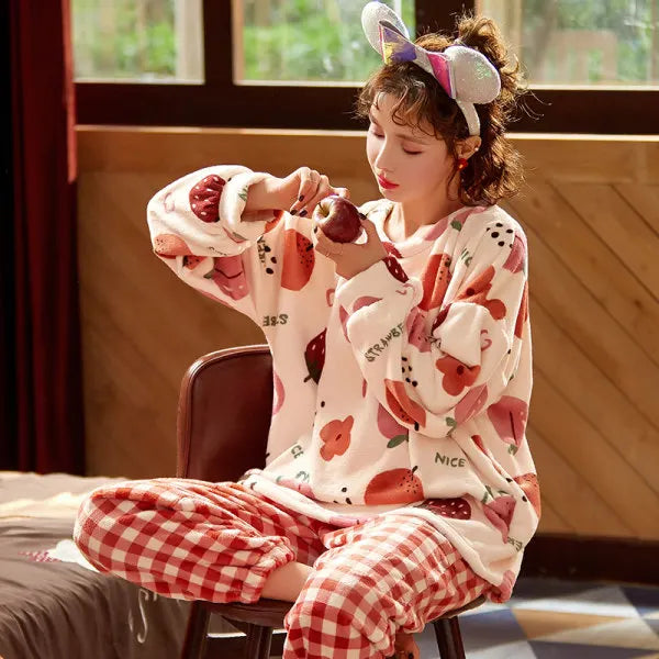 Women's Sleepwear Winter Christmas Warm Flannel Fleece Soft Pajamas With Long Sleeves Waistband Pant Girls' Sleepwear