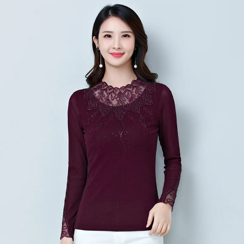 Women's Solid Color Lace Long Sleeve T-Shirt – Slim Fit O-Neck Top
