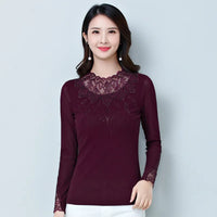 Women's Solid Color Lace Long Sleeve T-Shirt – Slim Fit O-Neck Top