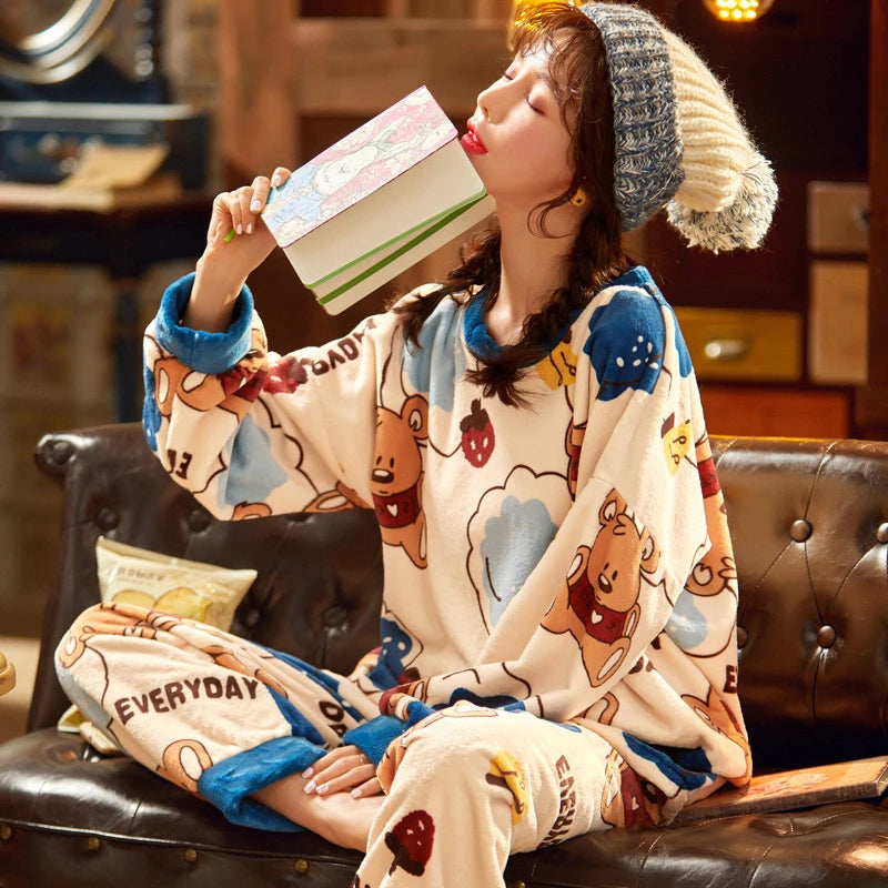 Women's Sleepwear Winter Christmas Warm Flannel Fleece Soft Pajamas With Long Sleeves Waistband Pant Girls' Sleepwear