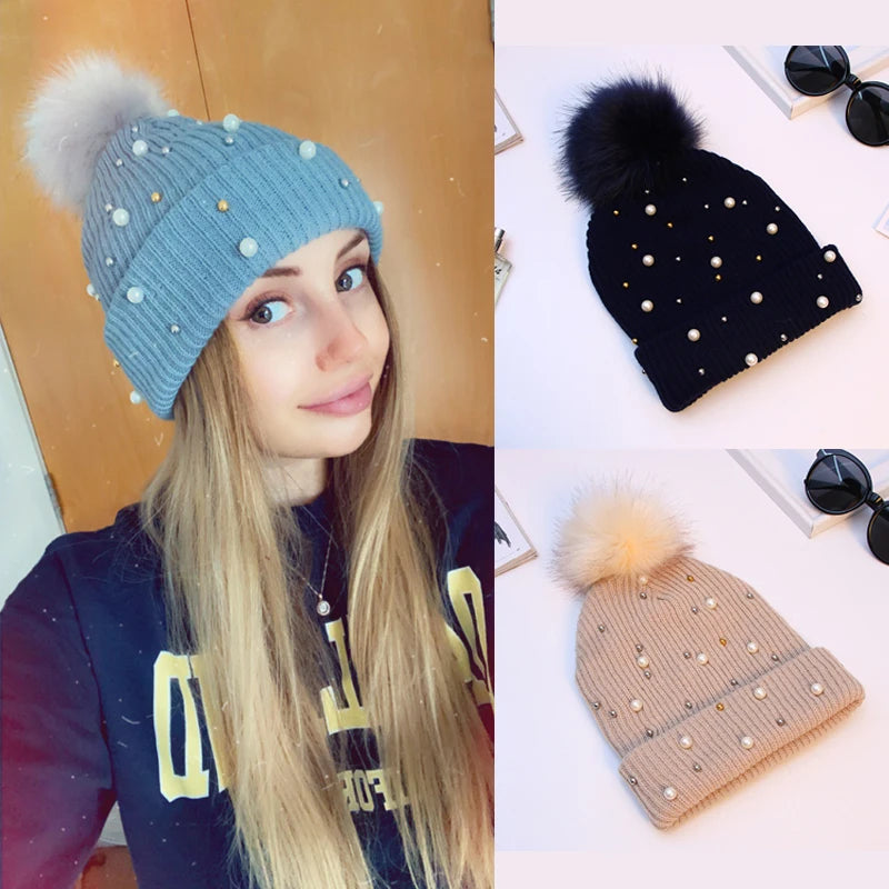 Gorro Invierno Mujer con Pompones y Perlas - Beanie Lana Tejido Cálido y Elegante