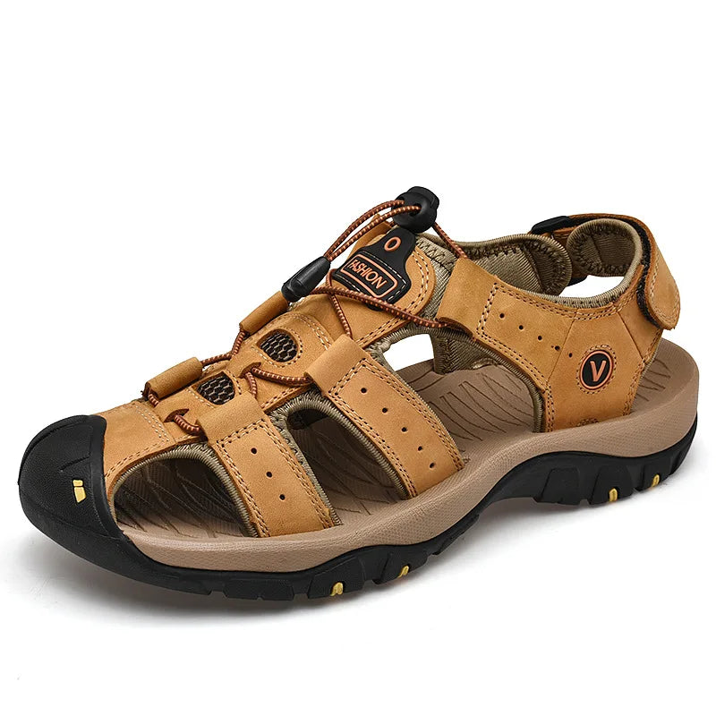 Men's Genuine Leather Outdoor Sandals - Closed-Toe Breathable Summer Shoes