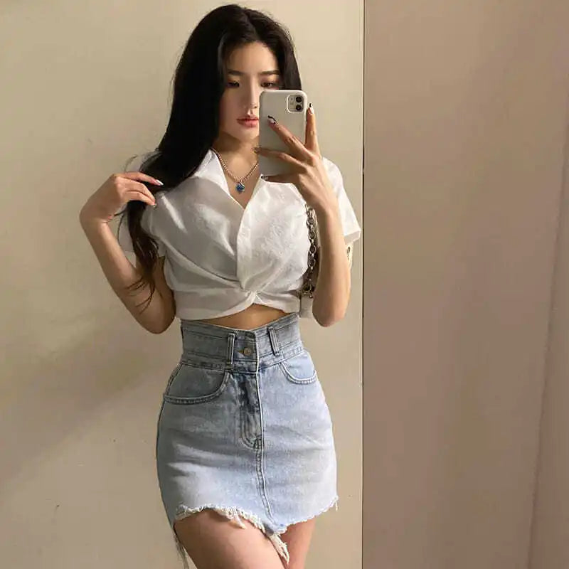 Turn-Down Collar Short Sleeve Slim Blouse – Korean Ulzzang Women's Casual Top
