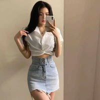 Turn-Down Collar Short Sleeve Slim Blouse – Korean Ulzzang Women's Casual Top