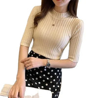 Striped Half Sleeve Turtleneck Sweater – Casual Streetwear Women's Pullover