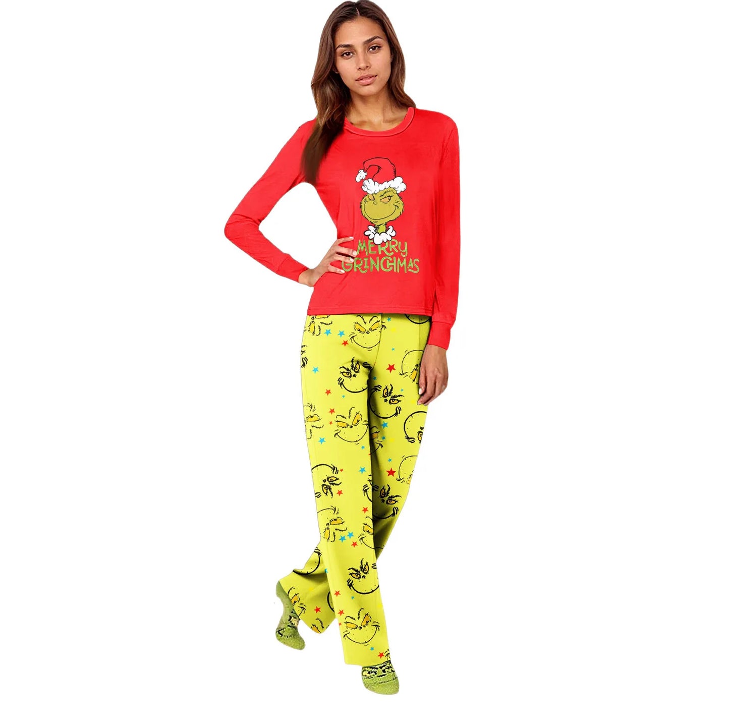 Drop Shipping 2025 Christmas Family Matching Home Set Printed Pajamas Long Sleeve Neck Homewear Parent Kid Summer Elastic Waist